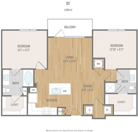 Floor plan for 2 beds, 2 baths, 1044 sqft